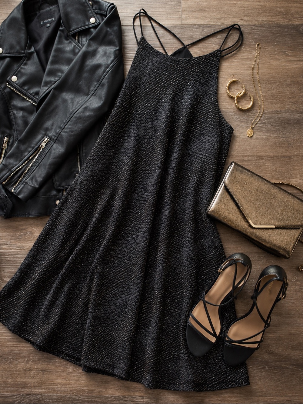 Black Gold Metallic Sparkle Dress Strappy Back Free Press M